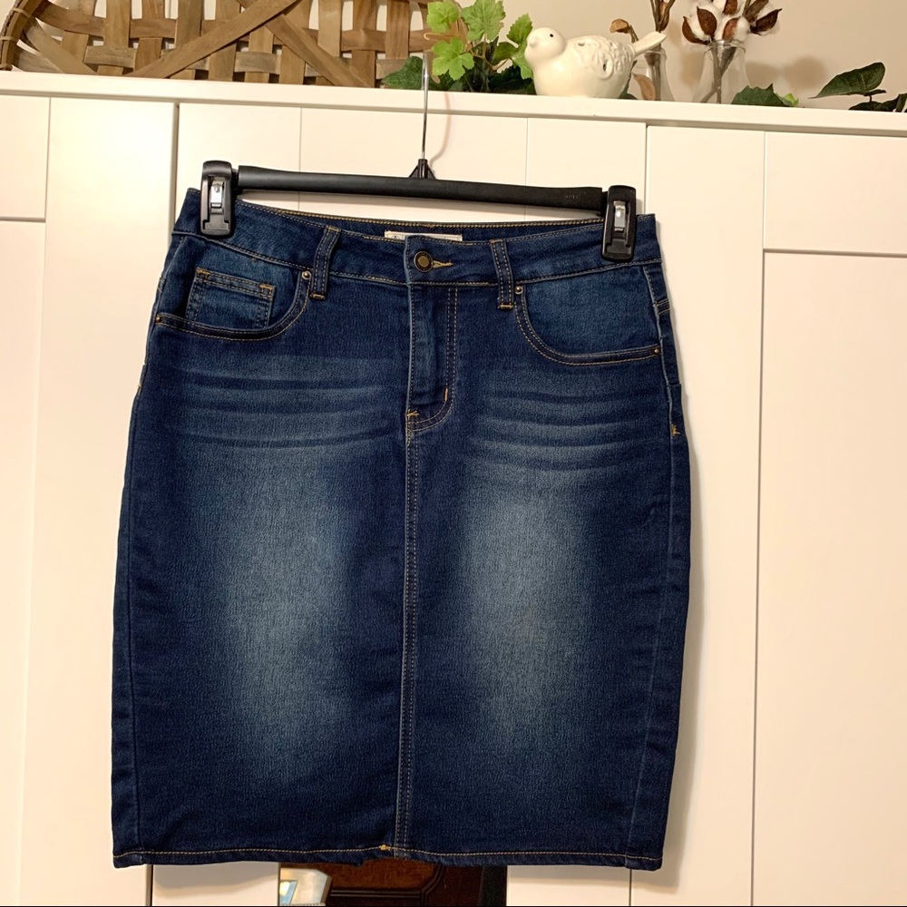Knee Length Blue Denim Skirt